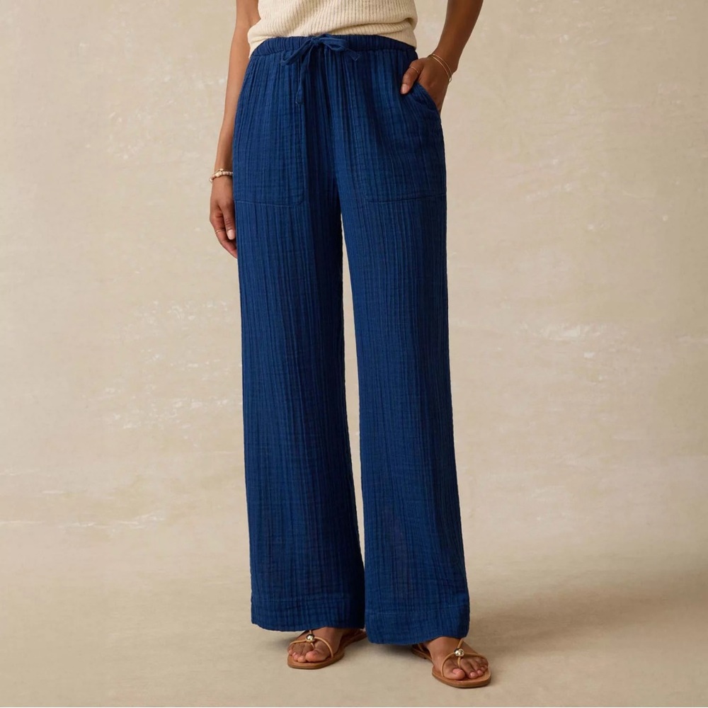 NWT Faherty Dune Cotton Gauze Wide-Leg Drawstring Pants in dark indigo wash